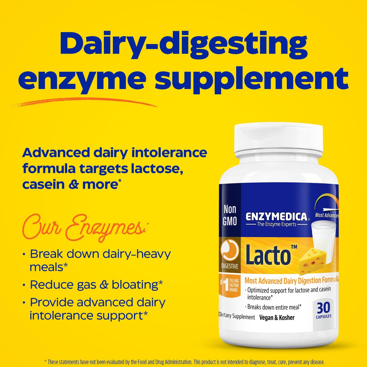 Enzymedica Lacto, Maximum Strength Formula for Dairy Intolerance, With Enzymes Lactase and Protease, Relieves Digestive Discomfort, 30 capsules (30 servings)