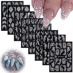 Nail Stickers, 8 Sheets Flower Nail Art Stickers Decals, 5D Acrylic Engraved Nail Sticker White Embossed Flower Sliders Lace Wedding Hollow Design DIY Nail Art for Women Girls