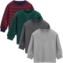 Cooraby 4 Pack Boys' Thermal Long-Sleeve Shirts Stripe and Solid Tee Shirts Soft Cotton Tees for Kids