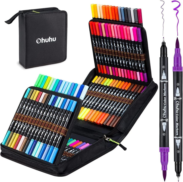 Ohuhu Markers for Adult Coloring Books: 100 Colors Brush Pens Dual Brush Fine Tip Drawing Pens Water-Based Coloring Markers for Kids Adults Artist Calligraphy Bullet Journal with Carrying Case -Maui
