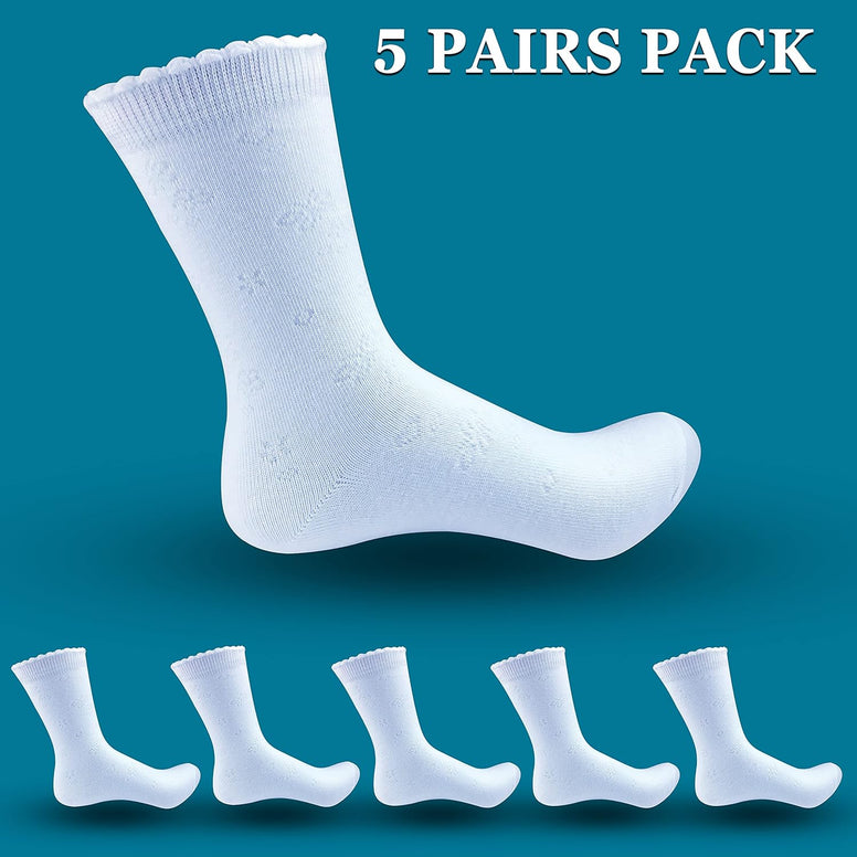 Girls Cotton White School - Casual Crew Socks 5 Pairs Pack