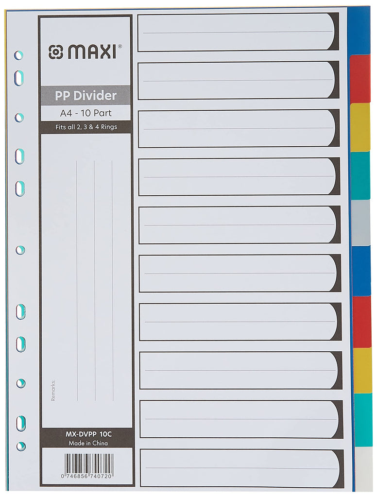 Maxi A4 Plastic Binder Dividers 10 Colours, Assorted, Mxdvpp 10C