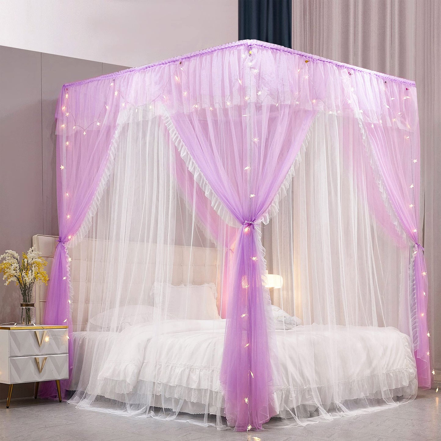 VETHIN 4 Corners Post Ruffle Princess Bed Canopy Curtain-Double Layer Cozy Drape Netting 4 Opening Mosquito Net for Girls Adults Bedroom Decoration (Double-Purple, 59" W*82" L*82"*H/(Queen))