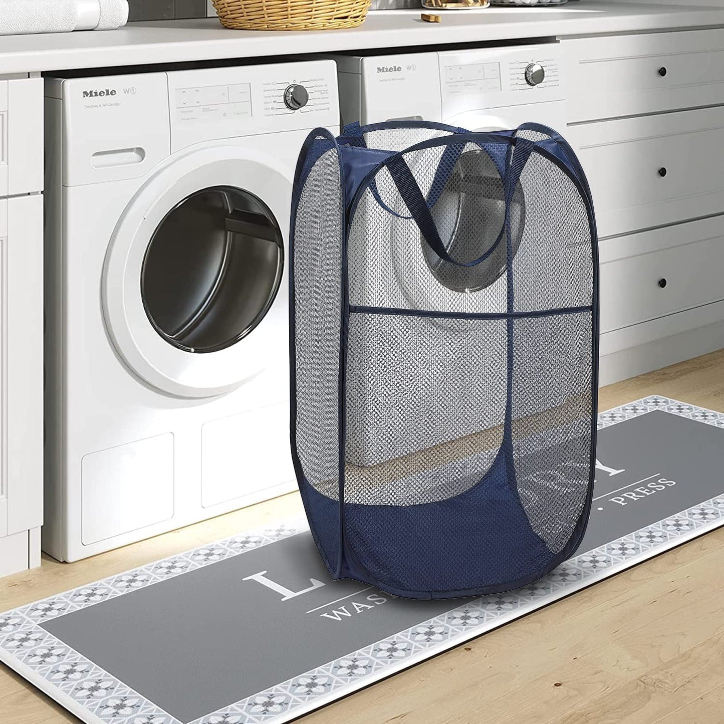 BATTOO Deluxe Strong Mesh Pop up Laundry Hamper Basket with Side Pocket Foldable Hamper for Laundry Room, Bathroom, Kids Room, College Dorm or Travel Navy + Black
