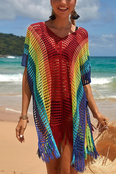 YouKD Women's Hollow Knit Tunic See-through Crochet Tops Beach Cover Poncho Summer Beach Cover Up Dress