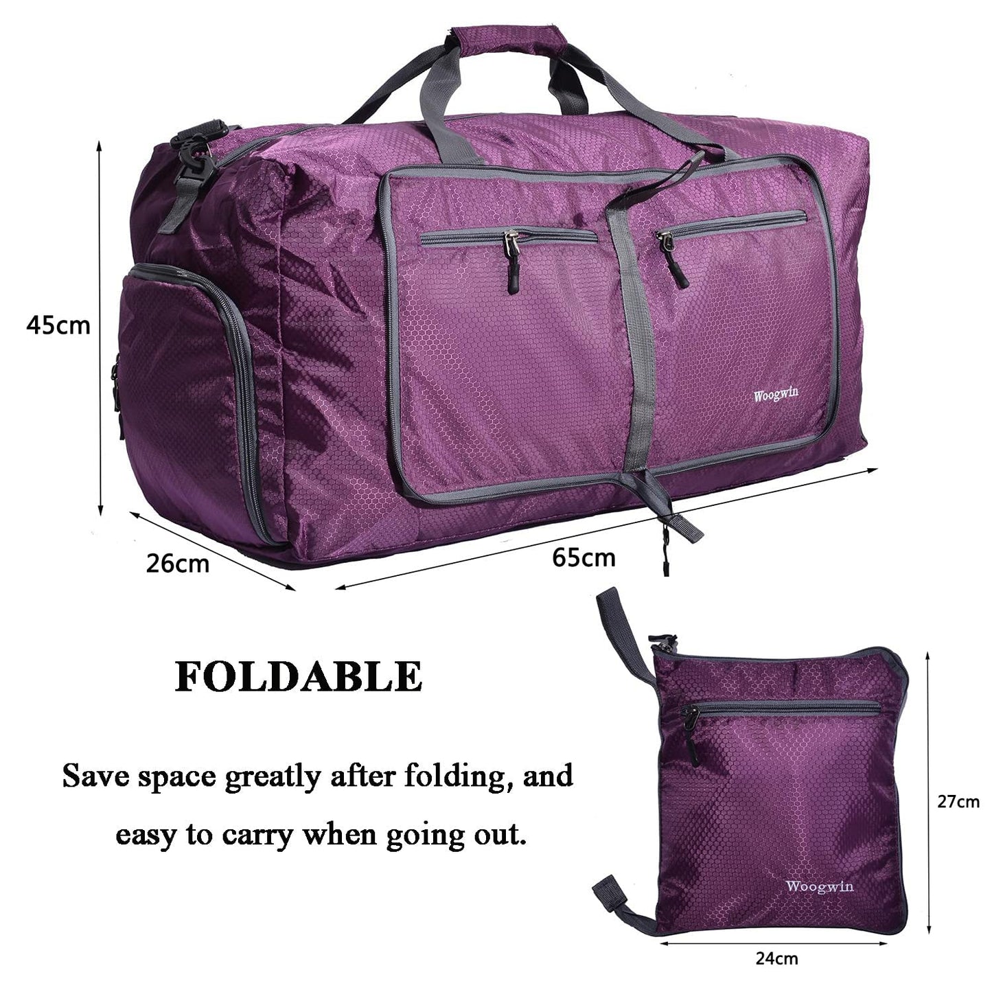 ehsbuy 60L Foldable Travel Duffle Bags for Men Women Large Holdall Bag Waterproof Overnight Weekend Bags for Gym Luggage, Purple, 60L