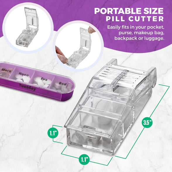 Weekly Pill Organizer with Pill Cutter - V-Grip Pill Splitter Stackable Pill Medicine, Vitamin Organizer with 4 Times-a-Day Daily Compartments, Pill Reminder with Stackable AM/PM Boxes