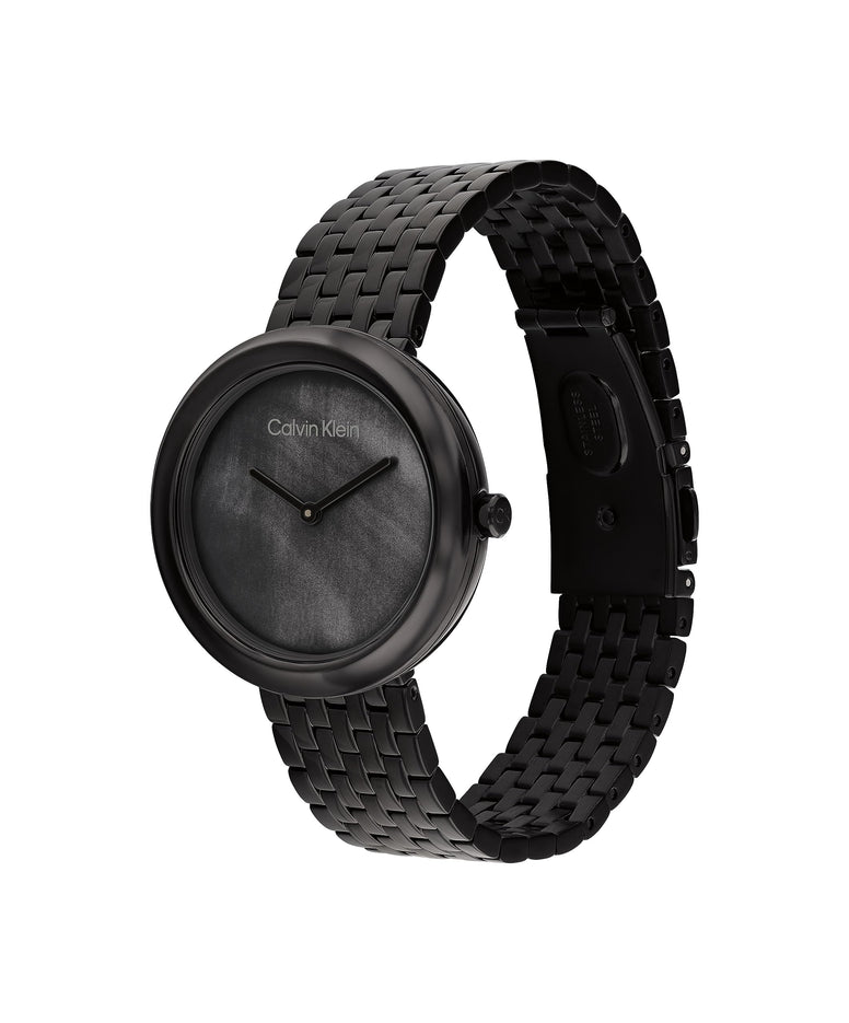 Calvin Klein, Twisted Bezel Women's Bla Mother Of Pearl Dial, Ionic Plated Bla Steel Watch - 25200323