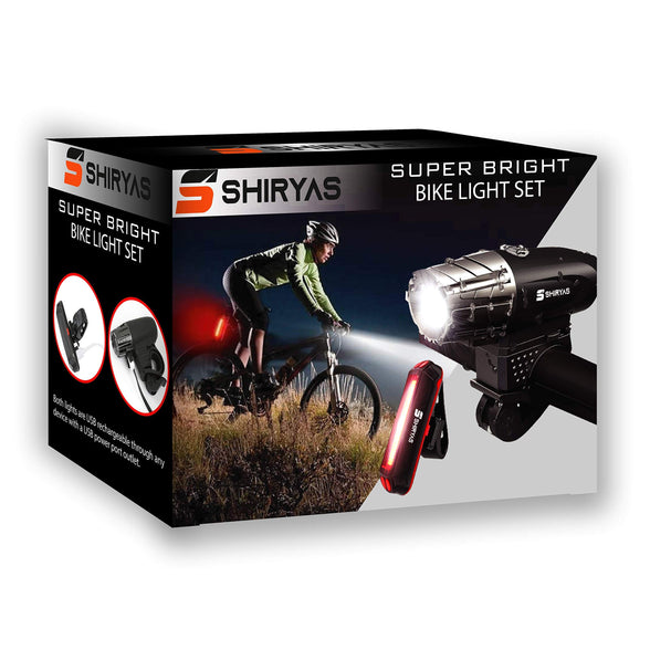 Shiryas Super Bright Bike Light Set USB Rechargeable Front Headlight & Back LED Rear Bicycle Light for Cycle Safety Flashlight (USBs Included)