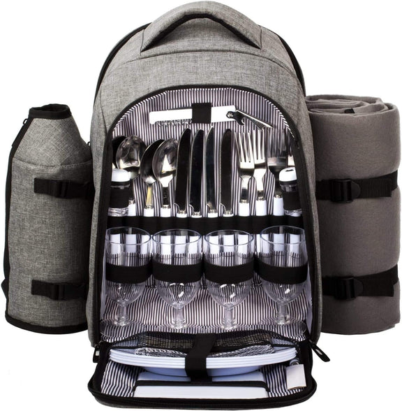 HapTim - Waterproof Picnic Backpack for 4 Person With Cutlery Set, Cooler Compartment, Detachable Bottle, Fleece Blanket, Plates For Picnic Time (AE-3263)