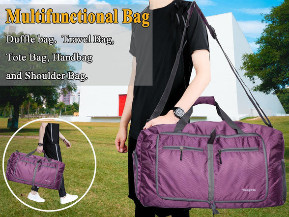 ehsbuy 60L Foldable Travel Duffle Bags for Men Women Large Holdall Bag Waterproof Overnight Weekend Bags for Gym Luggage, Purple, 60L