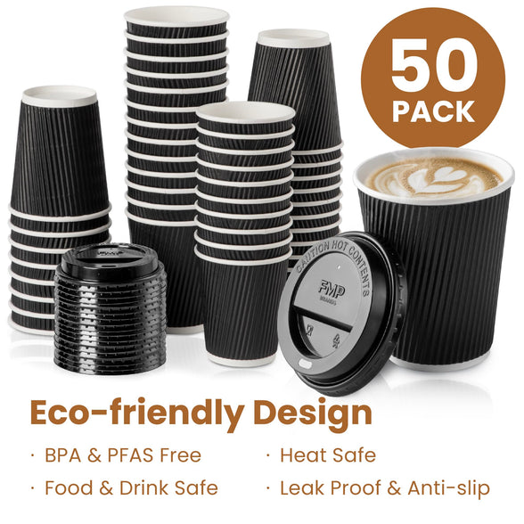 Fit Meal Prep [50 Pack] Disposable Hot Cups with Lids - 12 oz Black Double Wall Insulated Ripple Sleeves Coffee Cups with Black Dome Lid - Kraft Paper Cup for To Go Chocolate, Tea, and Cocoa Drinks