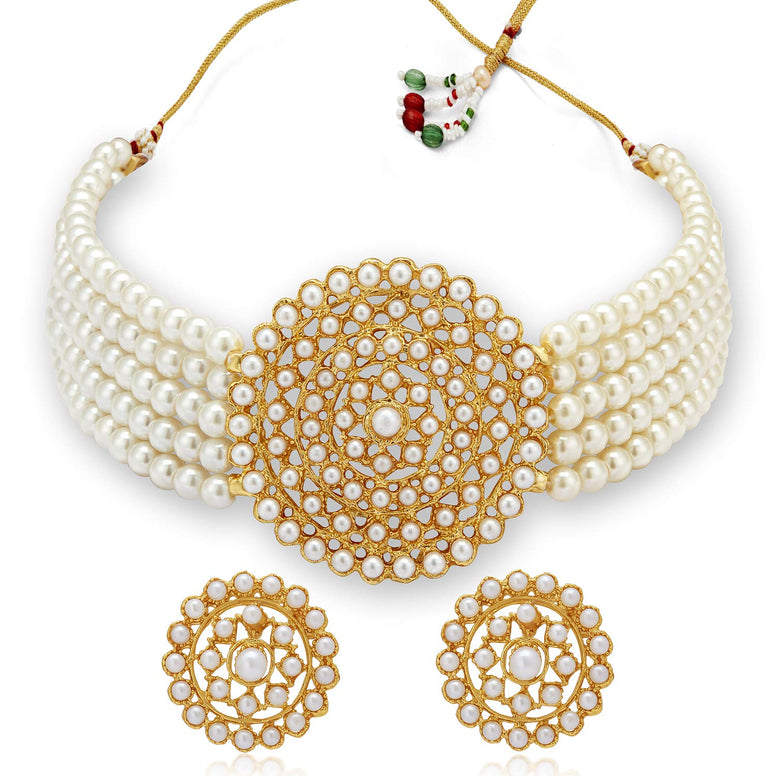 Sukkhi Lavish Gold Plated Pearl Choker Necklace Set for Women