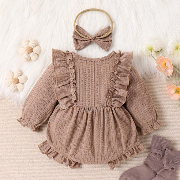 Douhoow Infant Baby Girl Romper Baby Sweatshirt Romper Long Sleeve Pleated Festival Clothes Baby Fall Outfits with Headband