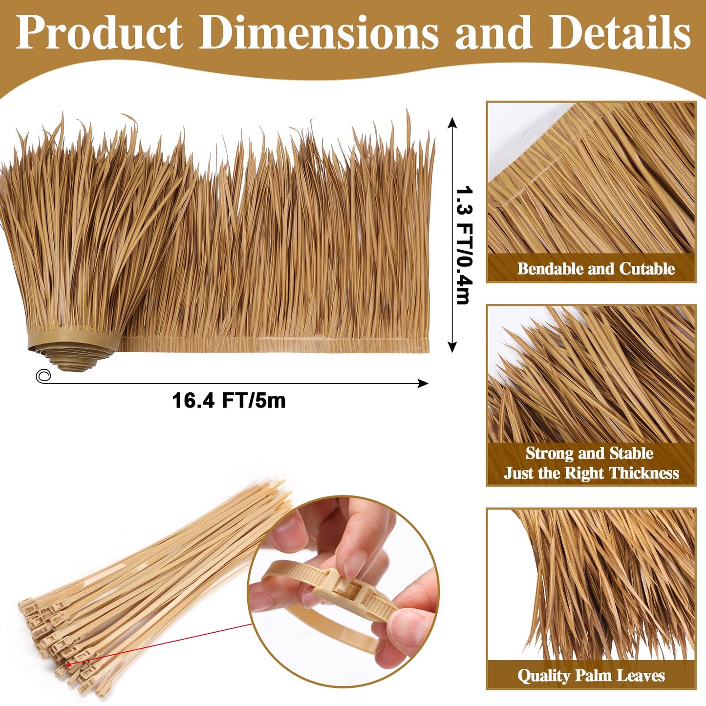 Palm Thatch Roll Palm Thatch Runner Roll Mexican Style Straw Roof Thatch Panels Tiki Hut Palapa Thatch Roofs Duck Blind Grass for Tiki Bar Hut Garden Patio Umbrella Covers Fence Party (5 m/ 16.4 ft)