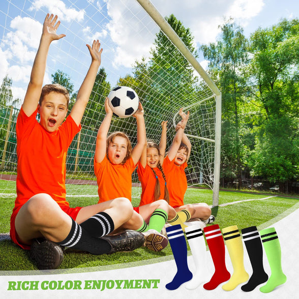 6 Pairs Kids Toddler Soccer Socks Breathable Over the Knee Boys Tube Socks Stripes Football Socks Uniform Sports Stockings