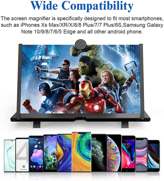 ELECDON Smartphone Phone Magnifier Screen, HD Mobile Phone Amplifier for Movies, Videos and Gaming, Stand 14 Inch 3D Foldable Amplifier, Portable Push Pull Design for All Smartphone-Black