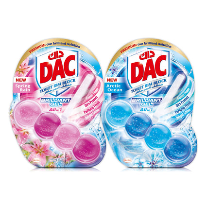 Dac Brilliant Gel Toilet Rim Block, For Long-Lasting Freshness and Shine, Spring Rain + Arctic Ocean, Pack of Two, 2 x 42G