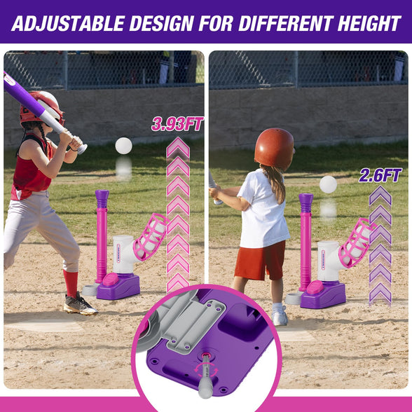 HYES 2 in 1 T Ball Sets for Kids 3-5, Tee Ball Set with Step on Pitching Machine/Adjustable Batting Tee/Retractable Baseball Bat/6 Balls, Outdoor Sport Toy Games for Girls Toddlers, Purple