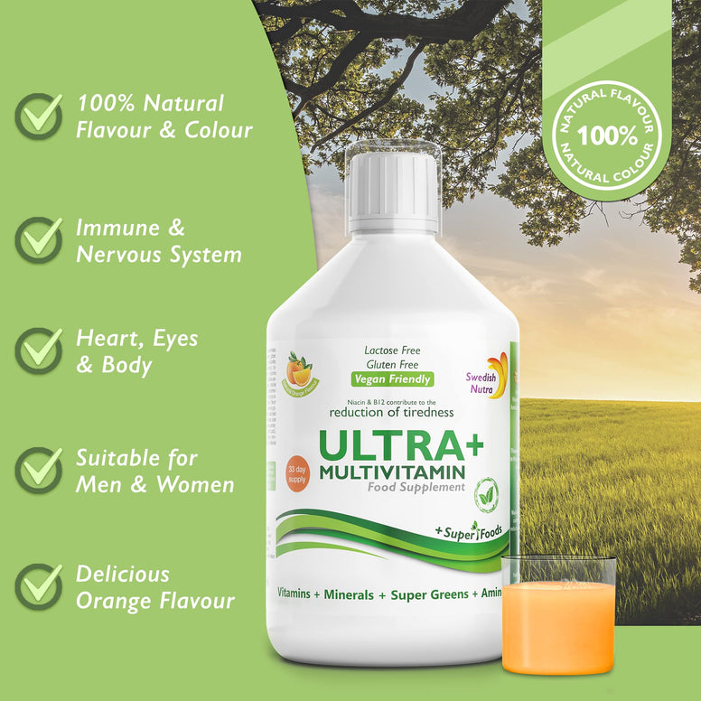 Swedish Nutra Vegan Multivitamin Liquid - Pack of 500ml, 33 Day Supply| Orange Flavour with 51 Active Ingredients| 100% Natural Flavour| High Absorption Rate| Vitamins, Minerals, Aminos & Super Greens