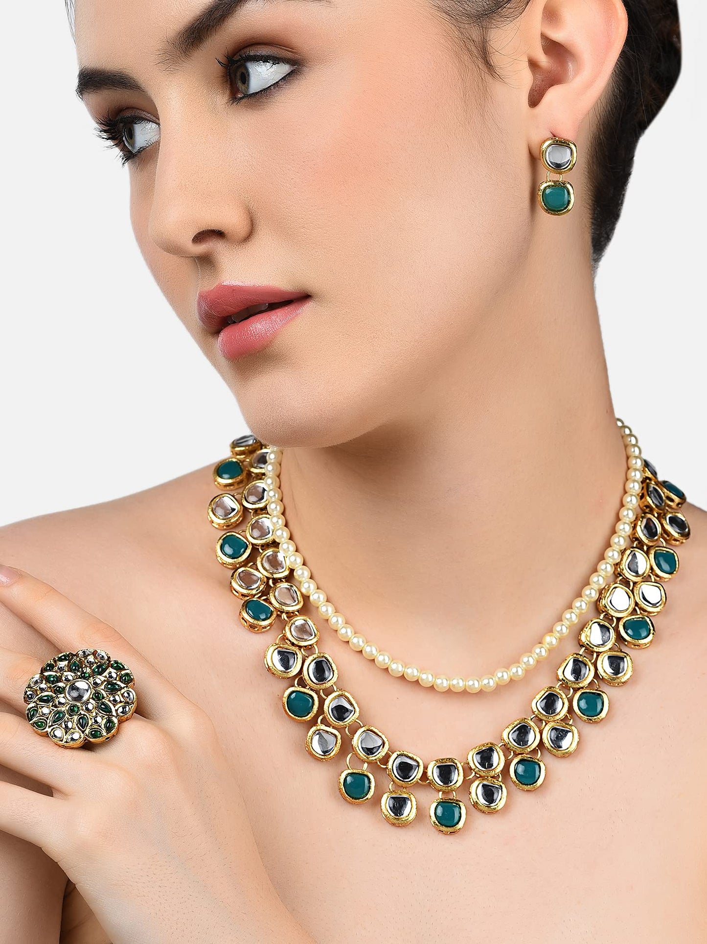 Zaveri Pearls Green Kundan Multi Layers Necklace Earring & Ring Set For Women-ZPFK10778