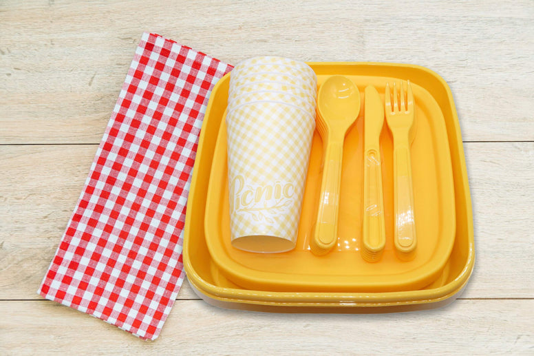 Shopivaa | 32 Piece (Serves 6 People) Picnic Set/Camping Set/Outdoor Dining/Party Set With Carry Case (Lightweight & Durable BPA Free Plastic) | Dishwasher Safe (Yellow)