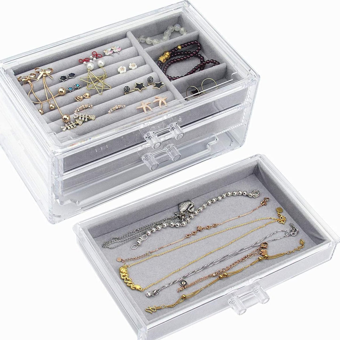 Acrylic Jewelry Box Organizer with 3 Drawers,Jewelry Organizer Velvet Jewelry Box Clear Jewelry Display Case for Women Earring Rings Bangle Bracelet and Necklace Holder Storage