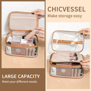 ChicVessel Clear Makeup Bag, Large Capacity Cosmetic Bag for Women, Waterproof Portable TSA Approved Toiletry Bag with Handle Travel Bag for Toiletries, Cosmetics, Travel Essentials, Brown