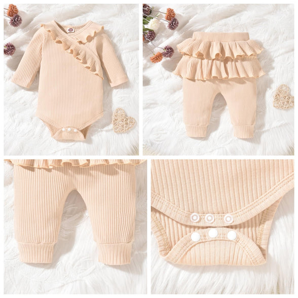 fioukiay Preemie Newborn Baby Girl Clothes Infant Girl Solid Ribbed Outfits Ruffle Romper and Pants 3PC Clothing Sets(3-6 M)