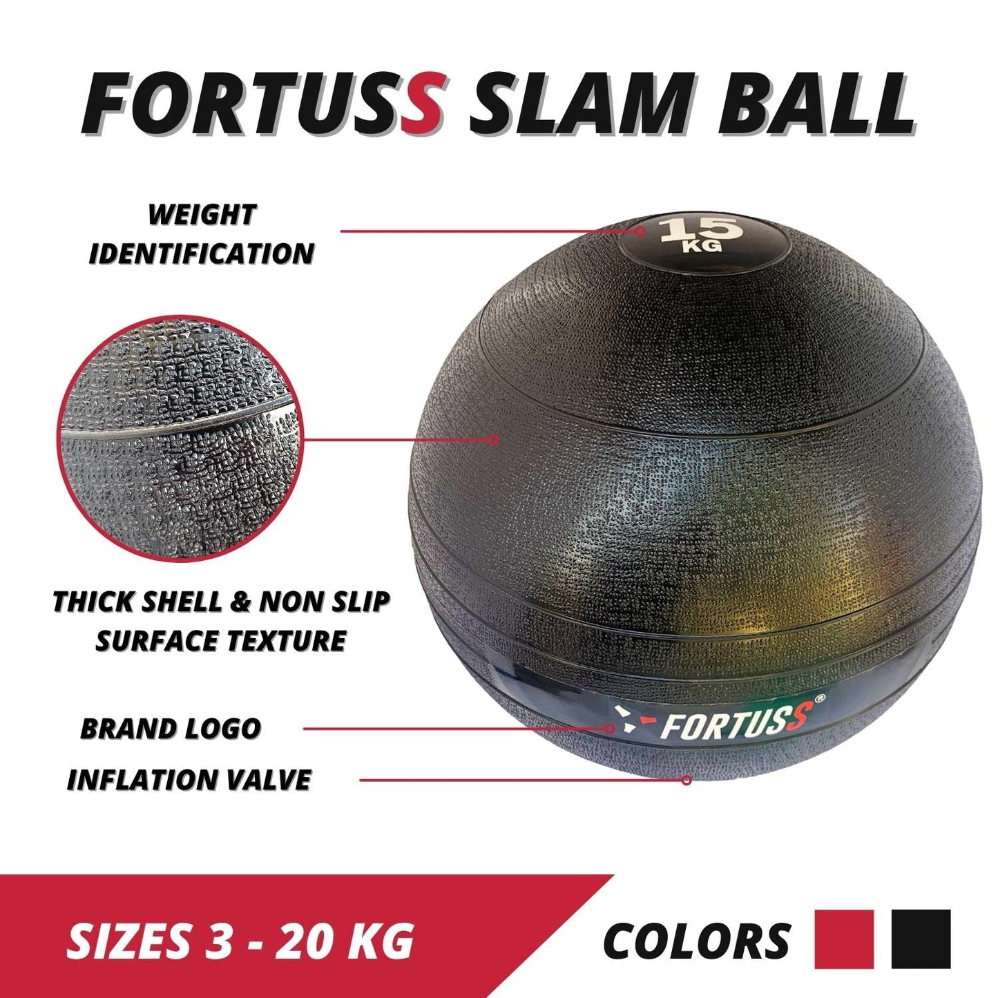 FORTUSS Slam Ball 7 KG Black - Heavy Duty No Bounce Exercise Medicine Ball - Weighted Ball for Strength, Conditioning, HIIT, Crossfit Training - Workout Equipment for Home & Gym Use | 3 – 20 KG Black
