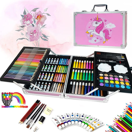 NEWKIBOU 145 Pieces Drawing Kit, with Professional Folding Aluminium Art Kit, Professional Art Set, School Art Supplies, Gifts for Children, Students, Beginners and Artists, pink (HB145)