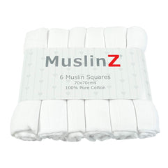 MuslinZ 6PK Baby Muslin Squares, Burp Cloths, Soft, Absorbent and Breathable 100% Cotton 70x70cm (White)