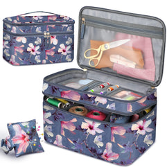 FINPAC Sewing Accessories Storage and Organizer Case, Double-Layer Sewing Kits Carrying Bag with Wrist Pin Cushion for Threads, Needles, Embroidery Floss Supplies, Felting Kits (Blooming Hibiscus)