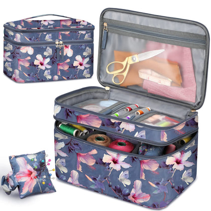 FINPAC Sewing Accessories Storage and Organizer Case, Double-Layer Sewing Kits Carrying Bag with Wrist Pin Cushion for Threads, Needles, Embroidery Floss Supplies, Felting Kits (Blooming Hibiscus)