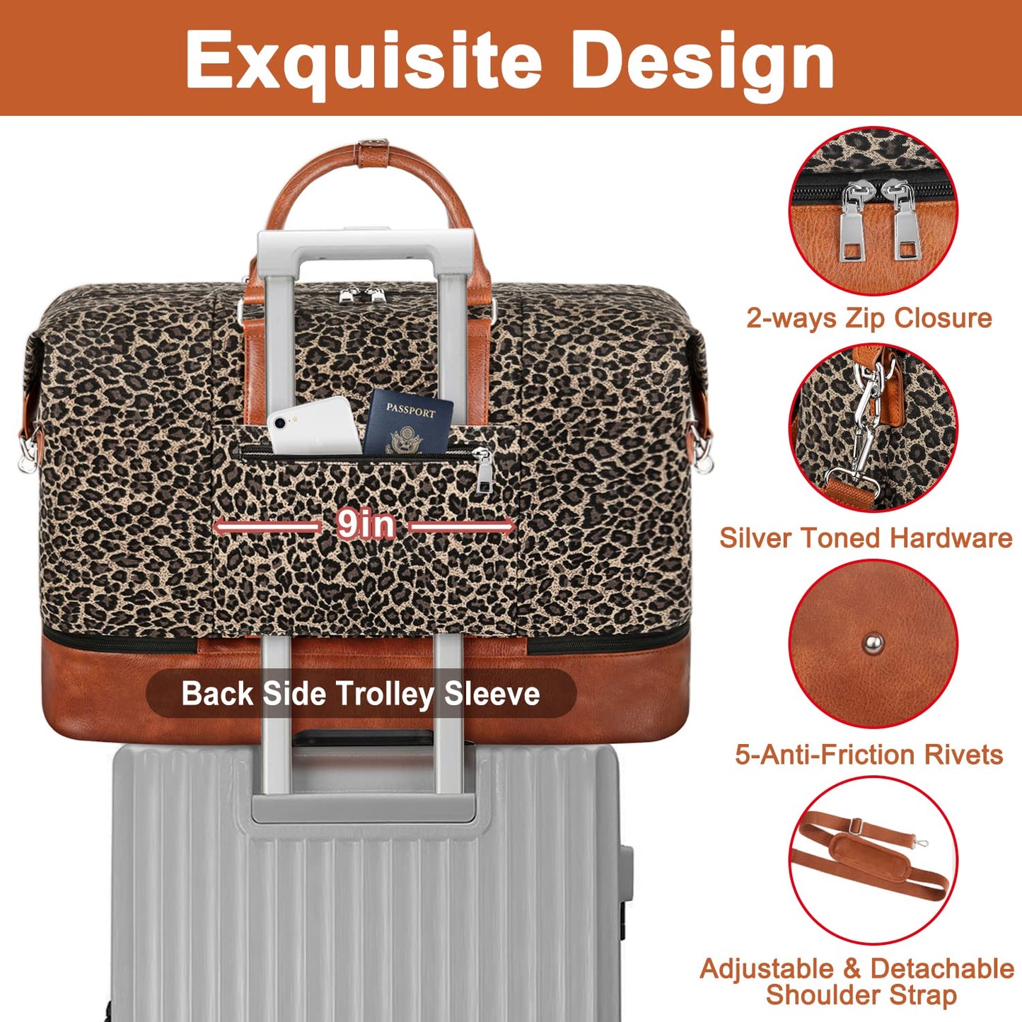 Travel Weekender Bag for Women Overnight Bag with Shoe Compartment Oversized Travel Duffel Bag Carry On Tote with Trolley Sleeve 21" for Weekend Travel Business Trip, E-Brown Leopard 3pcs, Large