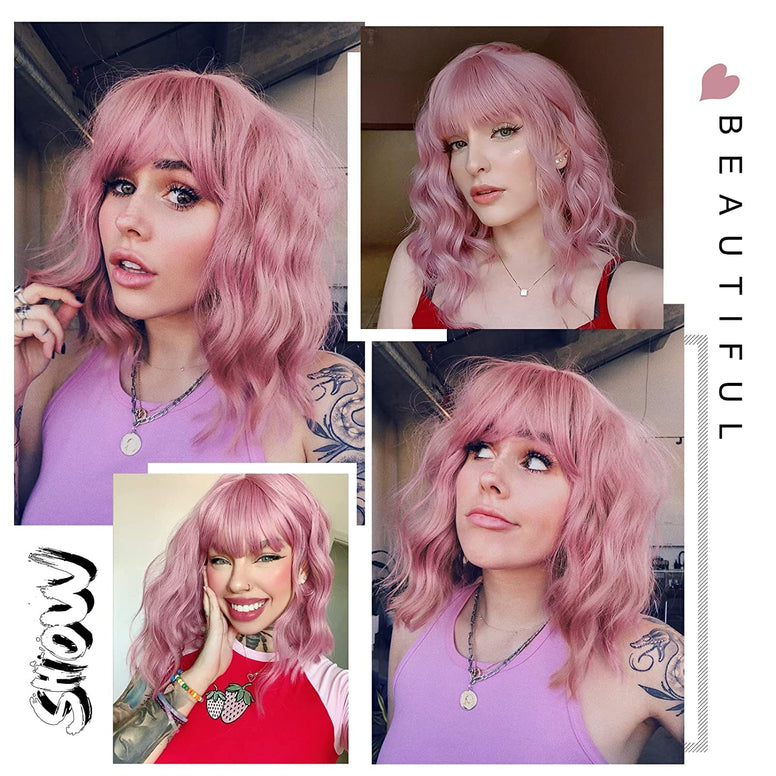 Wig Short Curly Wavy Bob Wigs for Women Blue Wig with Bang Shoulder Length Synthetic Cosplay Party Wig Colored Wigs for Women Girls (Pink)