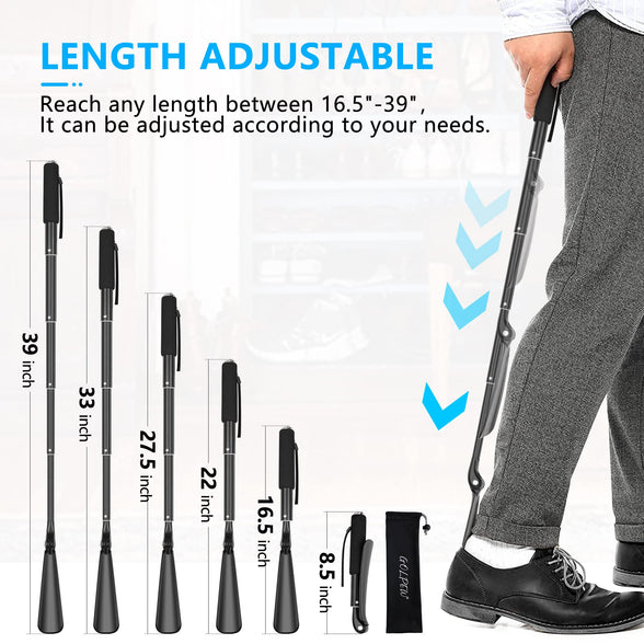 GOLPEW Portable Long Metal Shoe Horn, Aluminum Alloy Dressing Aid Stick Long Handle Shoe Horn for Seniors, Children, Men and Women