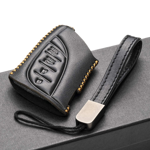 Vitodeco Genuine Leather Smart Key Fob Case with Leather Key Strap Suitable for 2018-2021 Lexus is 350, LS 500, LS 500H, UX 200, UX 250H, LC 500, LC 500H, ES 350, ES 300H (4-Button, Black)