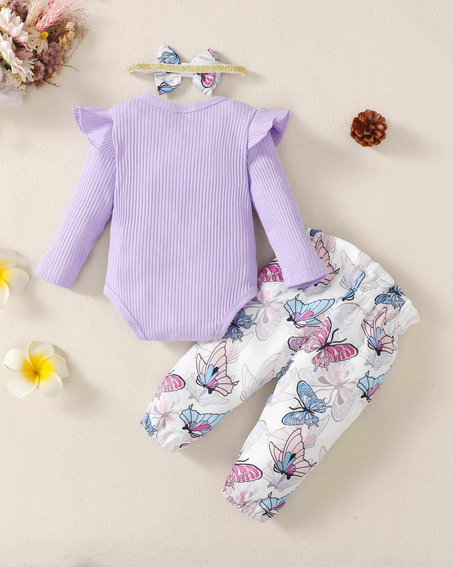 Newborn Baby Girl Clothes Fall Winter Infant Girl Outfits Ruffle Long Sleeve Ribbed Romper Top Long Floral Pants Clothes Sets 3-6 Months
