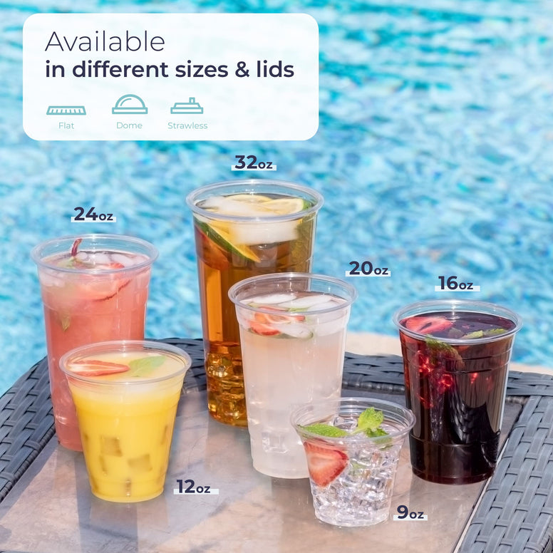 [50 Pack] 16 oz Clear Plastic Cups with Flat Lids, Disposable Iced Coffee Cups, BPA Free Premium Crystal Smoothie Cup for Party, Lemonade Stand, Cold Drinks, Juice, Milkshake, Bubble Boba, Tea