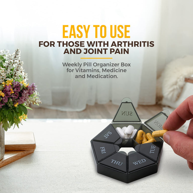 Weekly Pill Organizer - (Pack of 2) 7-Day Pill Container - Arthritis Friendly Portable & Compact Travel Case Daily Compartment Medicine Pills Box for Supplements, Medication, Vitamins and Fish Oils