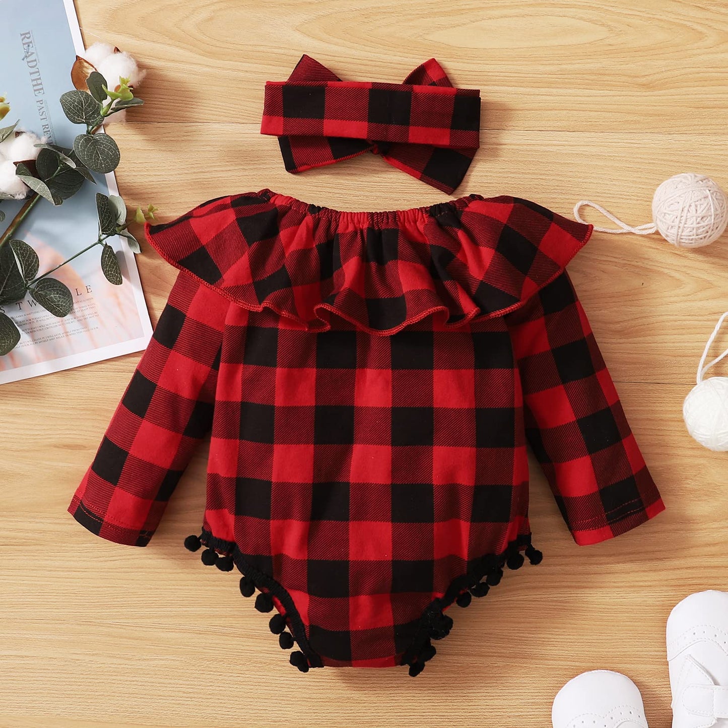 Kayotuas Newborn Baby Girls Plaid Ruffle Romper Long Sleeve Off the Shoulder Bodysuit Jumpsuit with Headband Set 3-6 Months