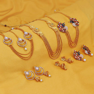 Sukkhi Gorgeous Pearl Gold Plated Wedding Jewellery Kundan Peacock Meenakari Multi-String Necklace Set Combo For Women (457Cb2700)