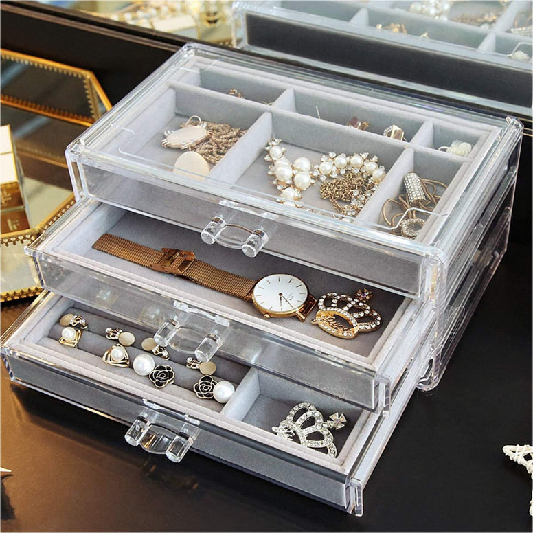 Acrylic Jewelry Box Organizer with 3 Drawers,Jewelry Organizer Velvet Jewelry Box Clear Jewelry Display Case for Women Earring Rings Bangle Bracelet and Necklace Holder Storage