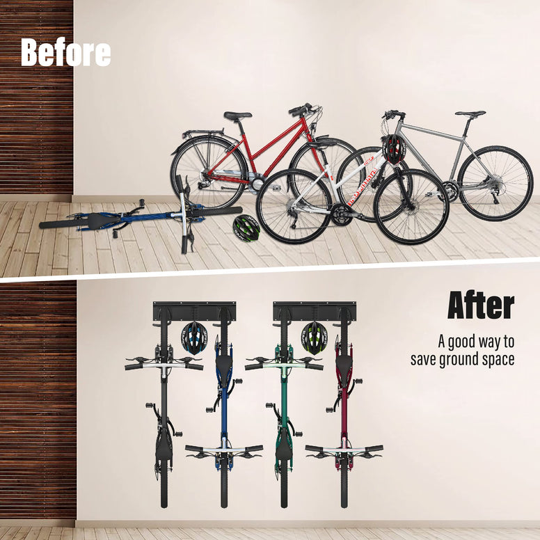 Sinoer Bike Storage Rack Garage for 4 Bicycles + 2 Helmets, Bike wall mount, bike racks for Garage/Home, Vertical Cycling Hanger, Holder for Road Bicycles（Hook Inner width: 90mm,3.6inch)