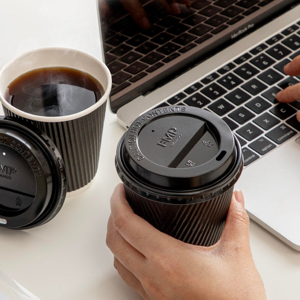 Fit Meal Prep [50 Pack] Disposable Hot Cups with Lids - 12 oz Black Double Wall Insulated Ripple Sleeves Coffee Cups with Black Dome Lid - Kraft Paper Cup for To Go Chocolate, Tea, and Cocoa Drinks