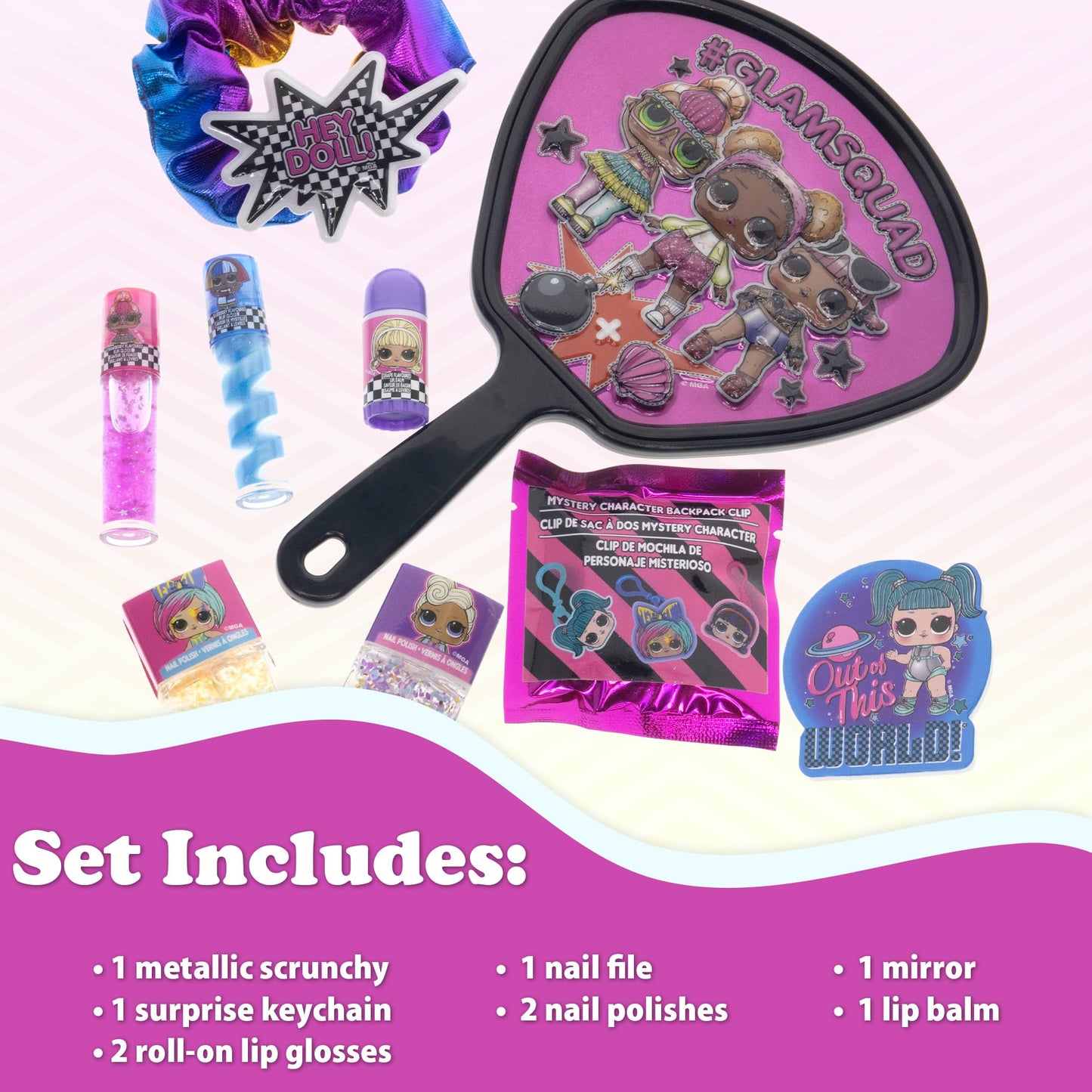 L.O.L Surprise! Townley Girl backpack Cosmetic makeup Set 10 Pieces, Including Lip Gloss, Nail Polish, Scrunchy, Mirror and Surprise Keychain, Ages 5+ Perfect for Parties, Sleepovers and Makeovers