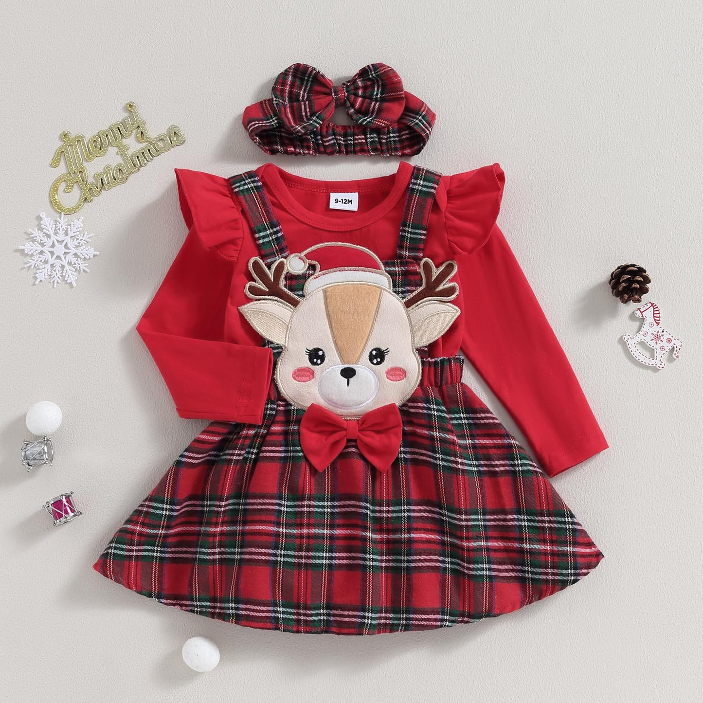 sweetyhouse Baby Girl Christmas Outfit Long Sleeve Romper Onesie Cute Elk Plaid Skirts Sets Headband Winter Clothes
