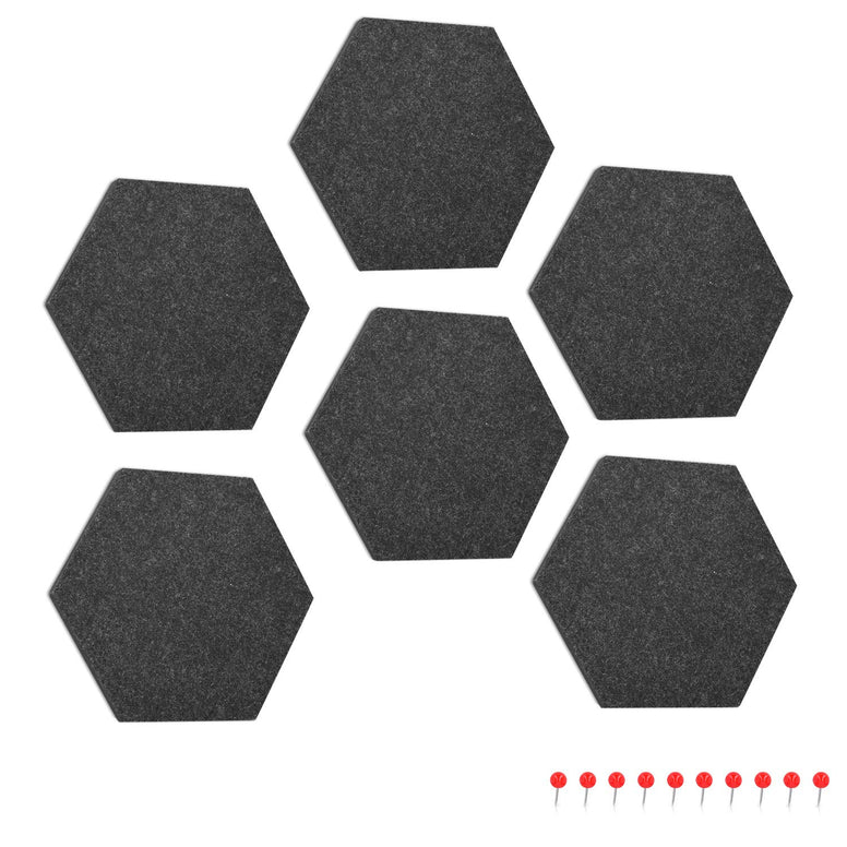 Navaris Felt Memo Board - 4X Pieces Decorative Hexagon Notice Boards with Push Pins and Tape 7.9 x 6.7 x 0.6 inches (20 x 17 cm) - Dark Grey 6x Gray