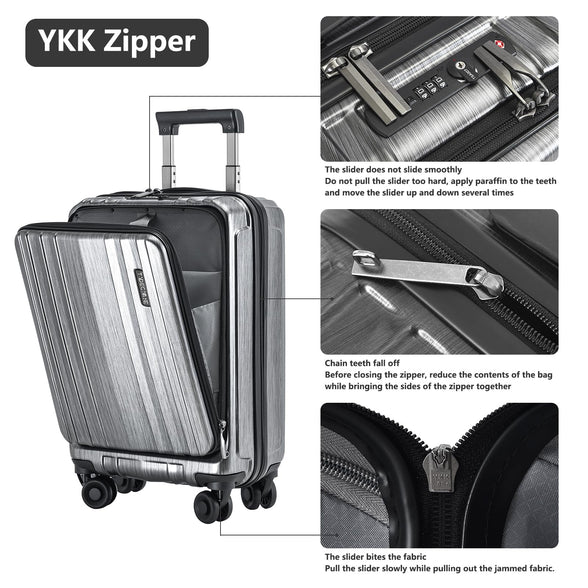 Carry On 55x35x23cm Cabin Luggage 20 Inch with Front Compartment, Lightweight ABS+PC Hardshell Suitcase with Dual Control TSA Lock, YKK Zipper, 4 Spinner Silent Wheels, Silver Grey